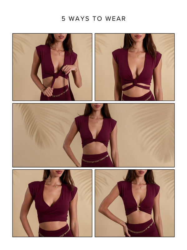 Multiframe image showing a woman wearing an Anaya Top (5-Way) - Cherry Stone, showing the 5 various ways to wear it.